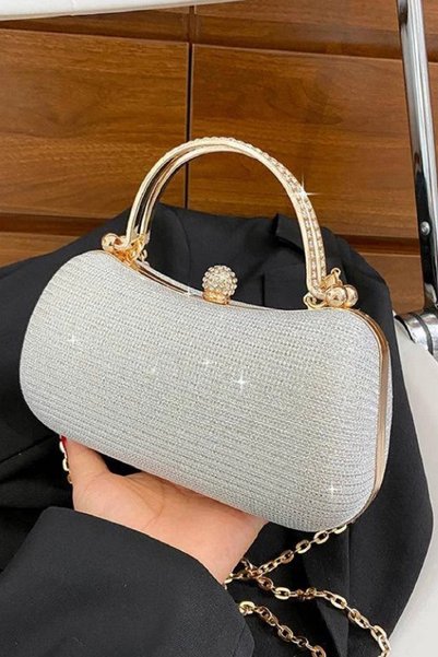 Famels Women's Silver Shiny Fabric Gold Case Evening Dress Bag Zircon Stone Evening Dress Stylish Bag Is an Elegant Design