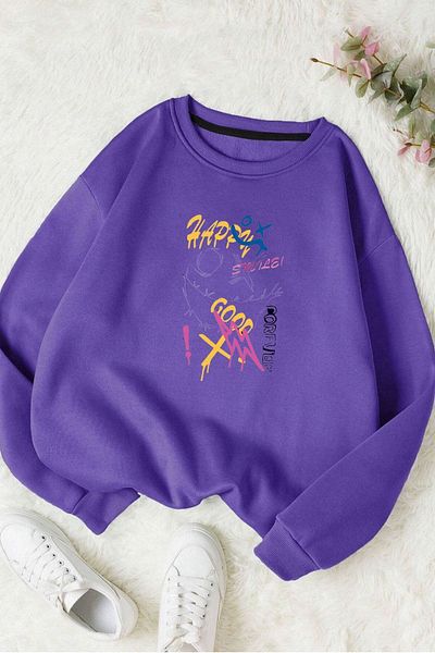 Moda Glo Унисекс памучен суичър с кръгло деколте Happy Smile