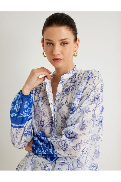 Koton X Melis Ağazat - Floral Patterned Collarless Long Shirt