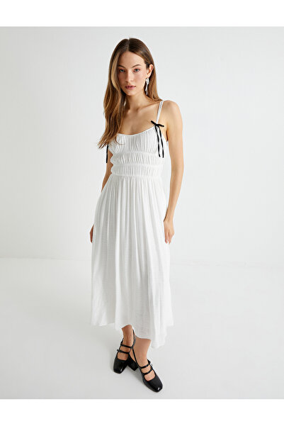 Koton Midi Ince Askılı Elbise Astarlı Cepli Fiyonk Detaylı