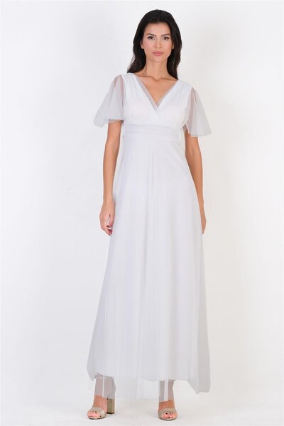 Spazio Donahue Ön Arka V Yaka Beli Drapeli Uzun Abiye Elbise BEYAZ