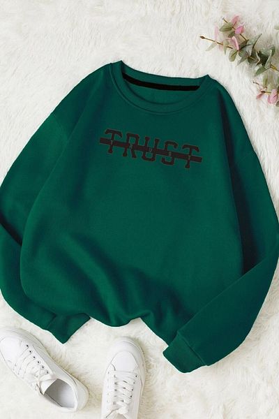 Moda Glo Унисекс раиран памучен суитшърт Trust Printed с кръгло деколте