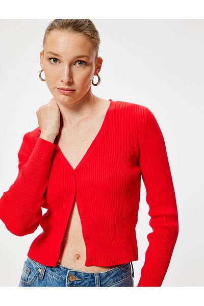 Koton V-Neck Corded Knitwear Cardigan - Long Sleeve and Button