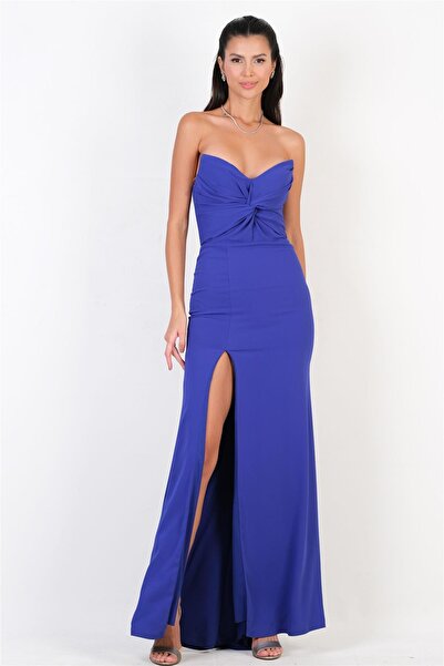 Spazio Omera Göğüs Düğümlü Yırtmaçlı Straplez Yaka Uzun Abiye Elbise SAKS