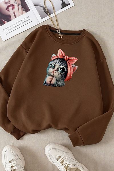 Moda Glo Unisex Cute Cat Printed Crew Neck Βαμβακερό φούτερ
