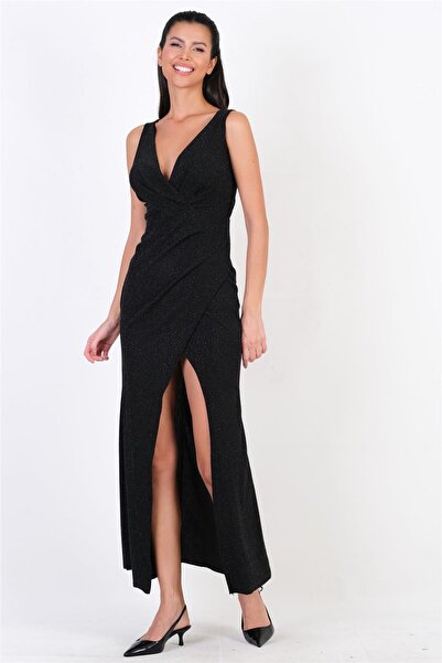 Spazio Orientina Kruvaze Asimetrik Uzun Abiye Elbise SİYAH