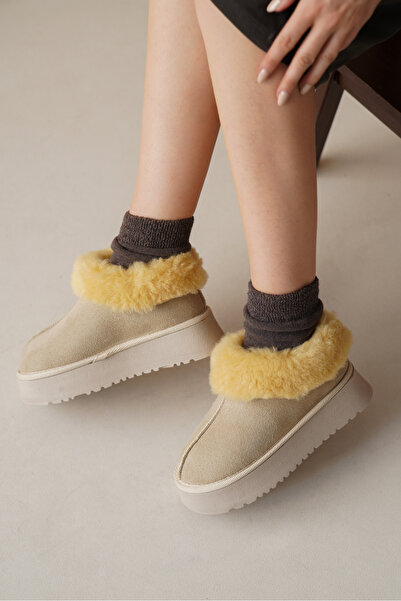 Riccon Loralath Kadın Yüksek Tabanlı Kürklü Rahat Bot 0012203 Bej