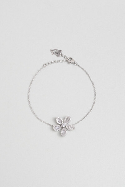 So CHIC... Güz Çiçeği 18 Ayar Beyaz Altın Kaplama Çiçekli 19 Cm Gümüş Bileklik