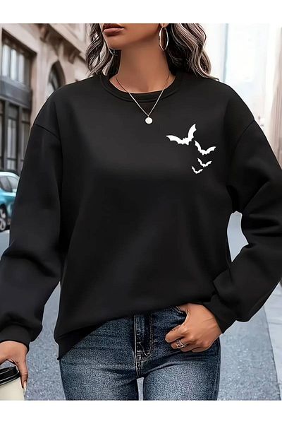 Moda Glo Hanorac oversize cu decolteu rotund cu imprimeu Lilieci verzi Nefti pentru femei