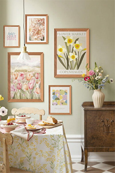 no77decor 5 Parça Çiçek Temalı Ahşap Çerçeve Görünümlü Tablo Seti