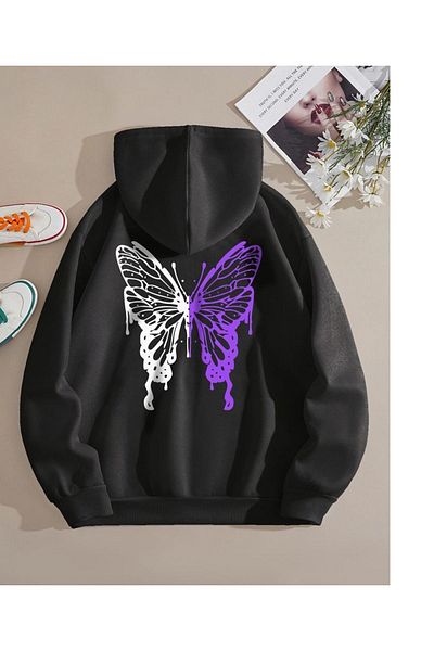 Moda Glo Hanorac cu glugă cu imprimeu unisex mov cu fluture la spate