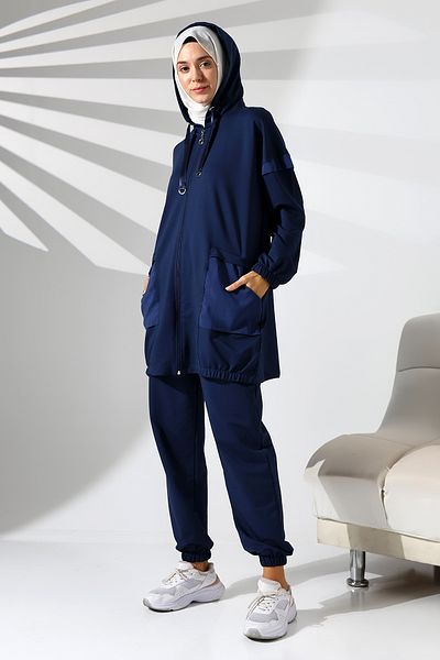 Mihran Butik Women's Seasonal Combed Cotton Bottom Top Sports and Comfortable Navy Blue Hijab Set