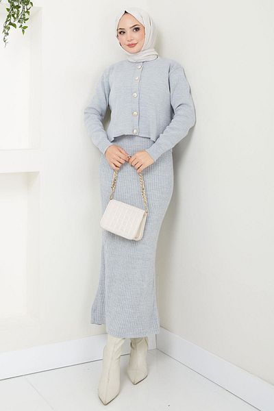 hafsamina Gray Knitwear Set - Cardigan and Gilet Hm2581