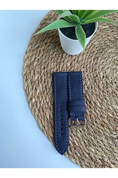 Prizma 22mm Düz Lacivert Suni Deri Saat Kordonu. Sarı Dikiş.