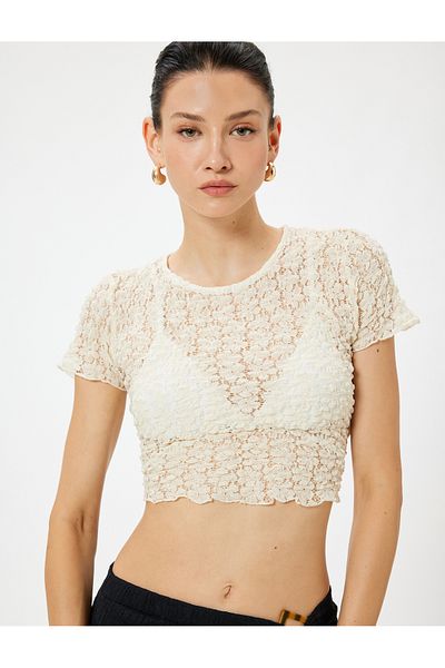 Koton X Melis Ağazat - Crew Neck Short Sleeve Floral Lace T-Shirt