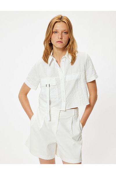 Koton Textured Short Sleeve Crop Shirt - Covered Pocket Detail