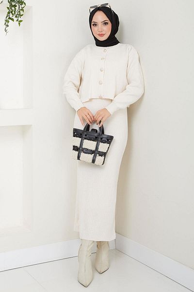 hafsamina White Knitwear Set - Cardigan and Gilet Hm2581