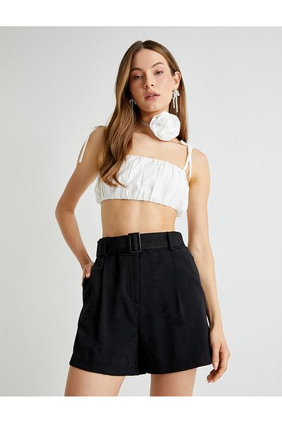 Koton Tuba Unusal - Floral Textured Shorts with Belt and Pockets
