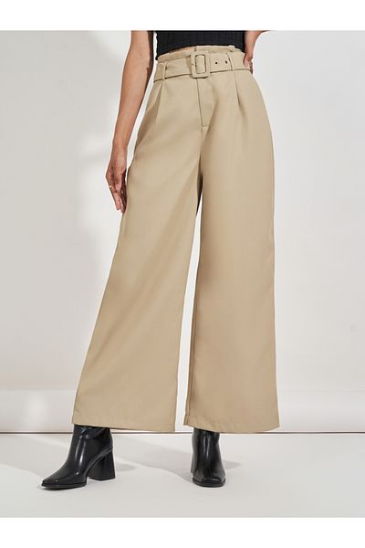 Styli High Rise Wide Leg Belted Twill Pants