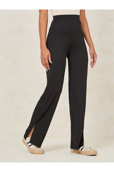 Styli Ribbed Straight Pants with Side Slit