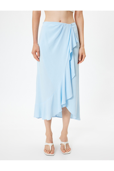 Koton Midi Boy Fırfırlı Etek Kruvaze Asimetrik Keten Karışımlı