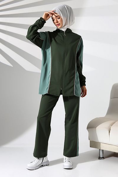 Mihran Butik Γυναικείο εποχιακό χτενισμένο βαμβακερό τοπ αθλητικό και άνετο χακί χιτζάμπ κοστούμι