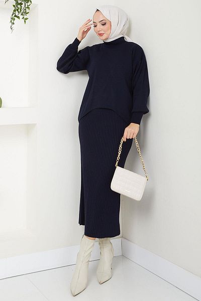 hafsamina Navy Blue Gilet Sweater and Knitwear Set - Hm2597