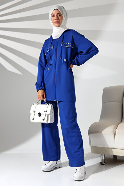 Mihran Butik Women's Seasonal Combed Cotton Bottom Top Sports and Comfortable Saks Blue Hijab Set