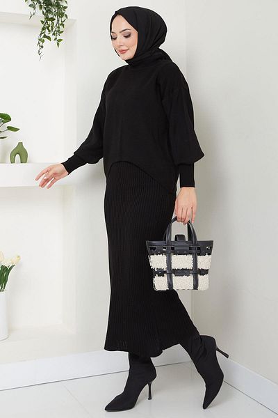 hafsamina Black Knitwear Gilet Sweater and Set - Hm2597
