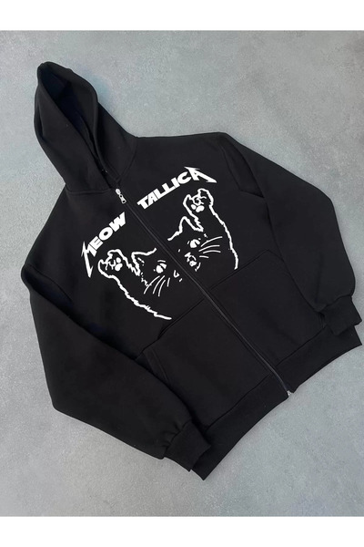 LUMİART Women's Three-Thread Winter Printed Zippered Hooded Cardigan - Black