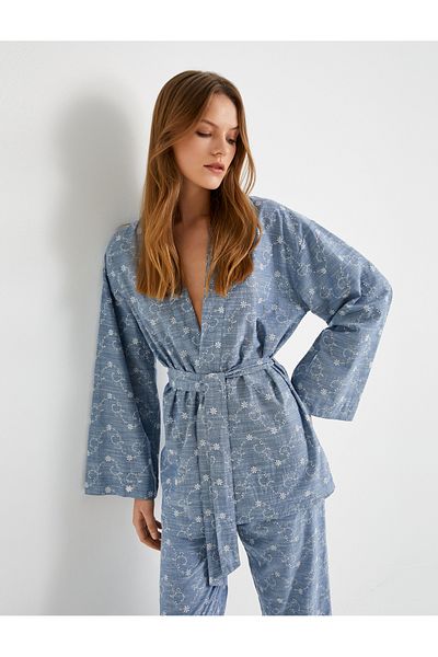 Koton Kimono Waist Belted Floral Embroidered Scalloped
