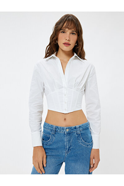 Koton Uzun Kollu Pamuklu Slim Fit Korse Görünümlü Crop Poplin Gömlek