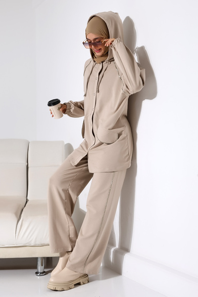 Mihran Butik Stone Color Sports Tunic and Trousers - Seasonal Combed Cotton, Hijab Collar, Stylish Set