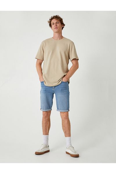 Koton Bavlněné Slim Fit džínové šortky - Kapesní detailně složená noha
