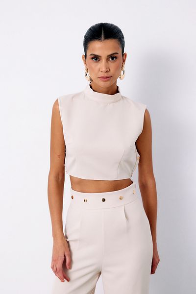 Sateen Beige Crop Blouse - Snap Detail