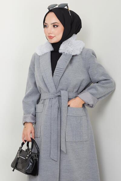 hafsamina Gray Stamp Coat - Fur Collar and Ribbed Detail Hm2576