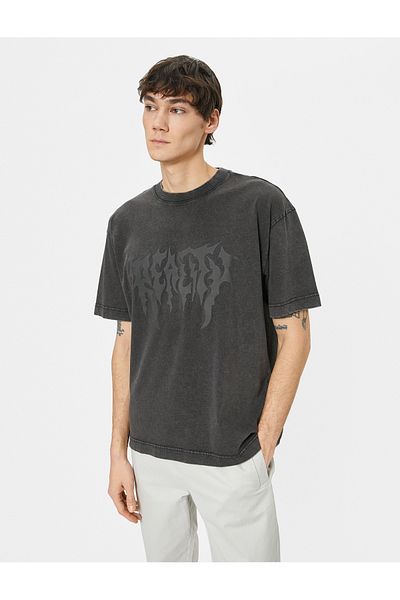 Koton Cotton Short Sleeve T-Shirt - Crew Neck, Graffiti Embroidered