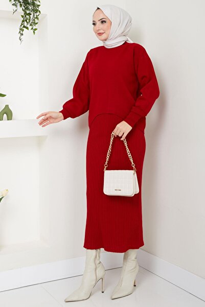 hafsamina Red Knitwear Gilet Sweater and Suit - Hm2597