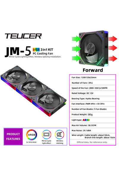 choice2 A-RGB black Teucer JM-5-BK TEUCER JM-5 Case Fan 120mm 5V 3Pin ARGB Mi...