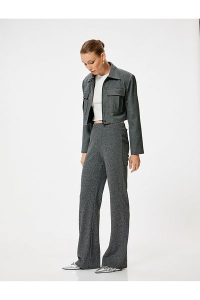 Koton Wide Leg Ribbed Trousers with Metallic Thread Detail