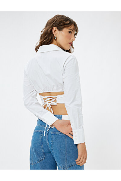 Koton Uzun Kollu Pamuklu Slim Fit Korse Görünümlü Crop Poplin Gömlek