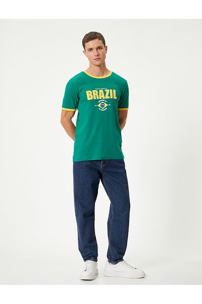 Koton Slim Fit T-Shirt Slogan με εμπριμέ κοντό μανίκι με λεπτομέρεια γραμμής λαιμού