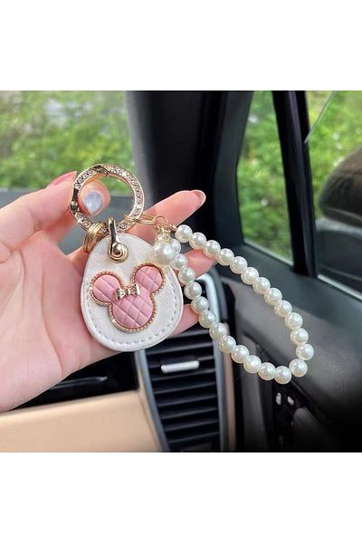 Choice Pink Faux Pearl Beaded Bracelet Keychain Cartoon Pattern Pendant Key Ring Car Key Bag Accessories