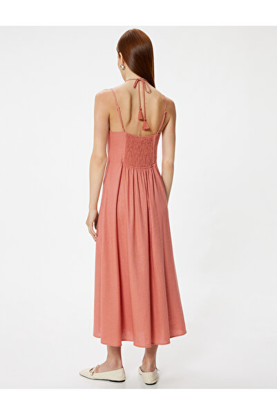 Koton Uzun Keten Elbise Askılı Boyundan Bağlama Detaylı