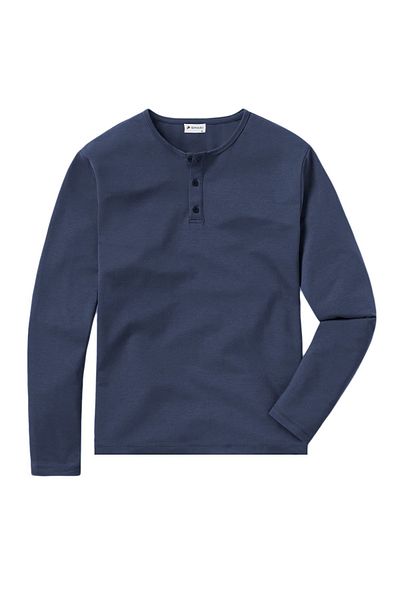QMARI Tricou cu mânecă lungă cu decolteu rotund, cu plăcuță cu nasturi, pe jumătate de pescar, cu croiala normală, albastru bleumarin
