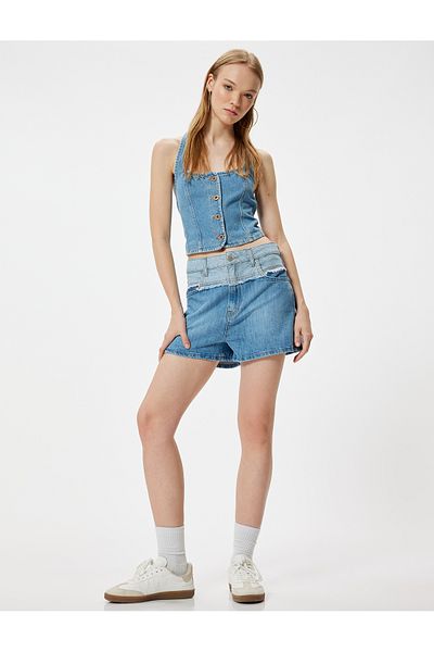 Koton Color Blocked Mini Denim Shorts - With Buttons and Pockets, Relaxed Fit