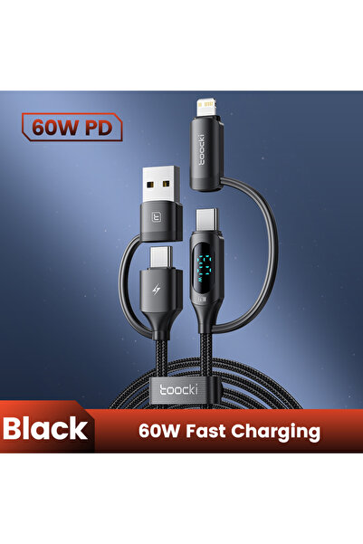 Toocki كابل بيانات أسود 4 في 1 بطول 1.2 متر، يتضمن منفذ USB ومنفذ Type-C، بال...