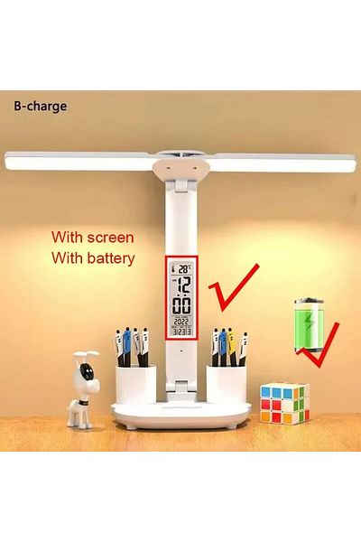 Choice Charging version LED Clock Table Lamp USB Chargeable Dimmable Desk Lamps 2 Heads 180 Rotate Foldable