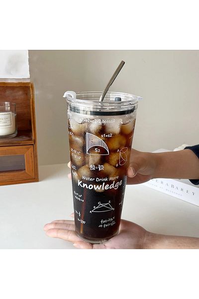 Choice 1000ml A 1000ml Large Capacity Mathematical Pattern Clear Glass Cup Utensils Cup With Lid And Stainl