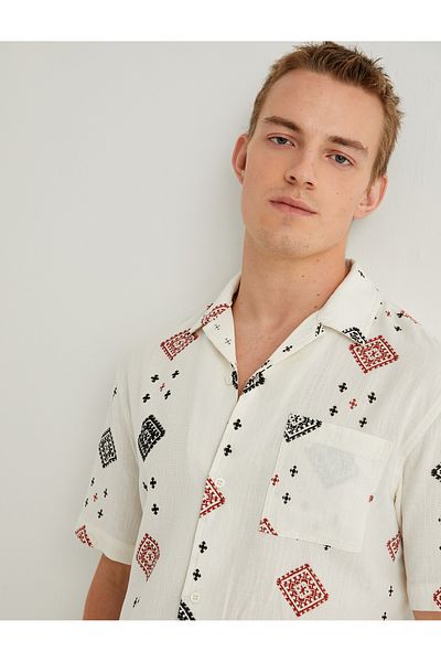 Koton Short Sleeve Shirt Vintage Print Button down Collar Detail